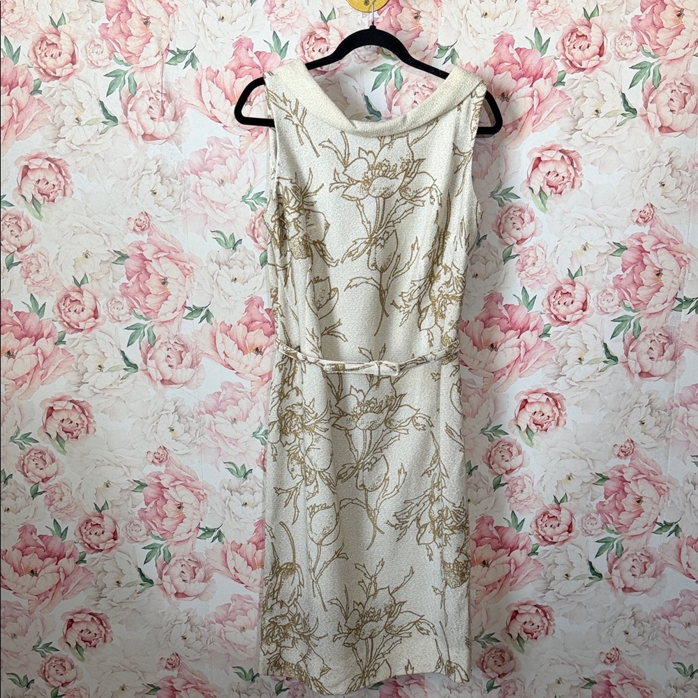 VTG 1950s Pat Nichols Inc MIAMI Cream Gold Shimmer Floral Sheath Dress Belted